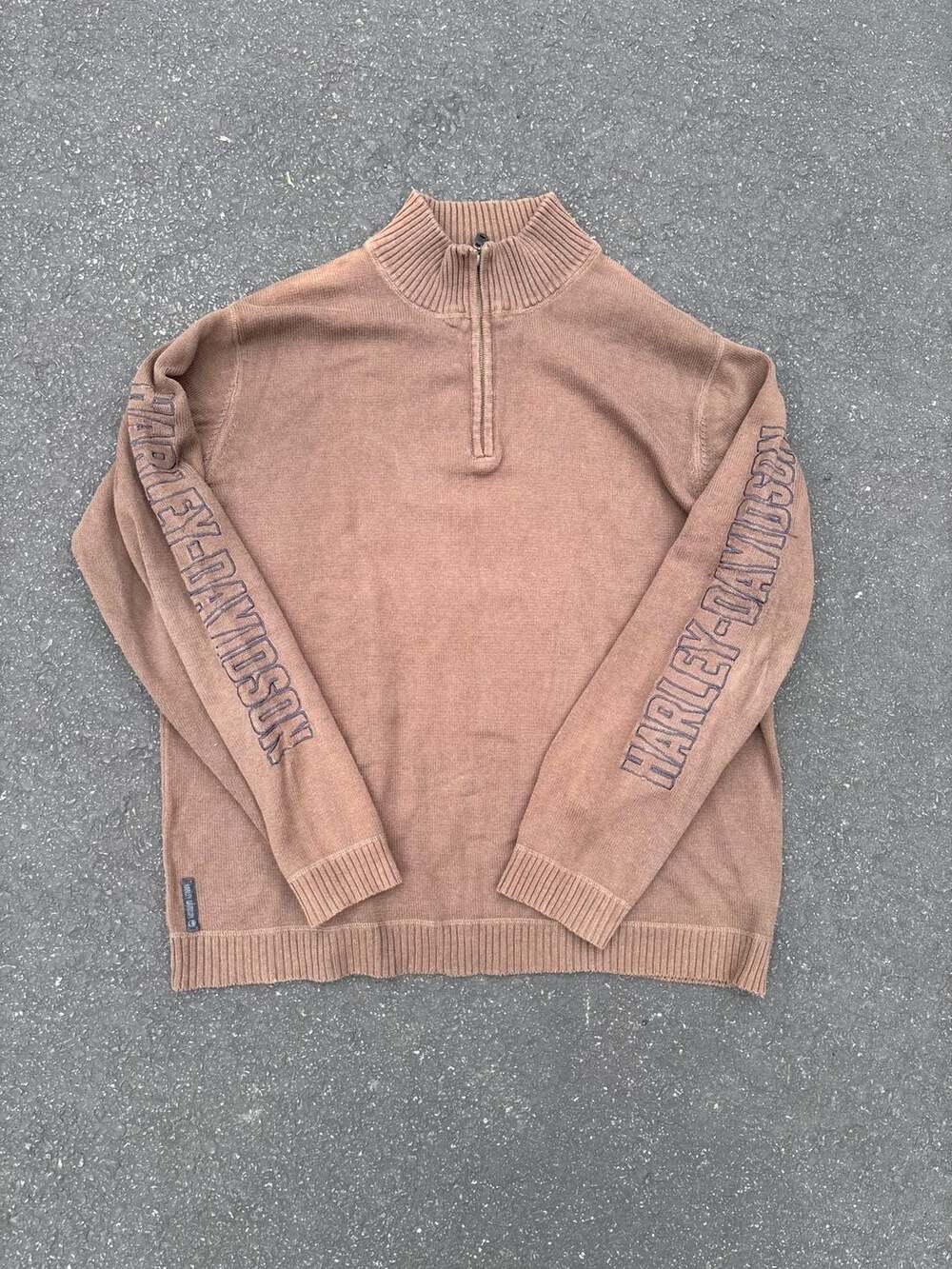 Harley-Davidson Brown Quarter-Zip Cotton Knit Sweater with Sleeve Spellout